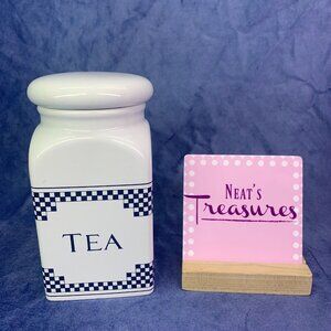 Preferred Stock TEA White Blue Checked Rubber Sealed Lid Stoneware 6.75 Canister